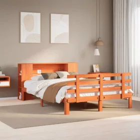  Barna tömör fenyőfa könyvespolcos ágy matrac nélkül 140 x 190cm