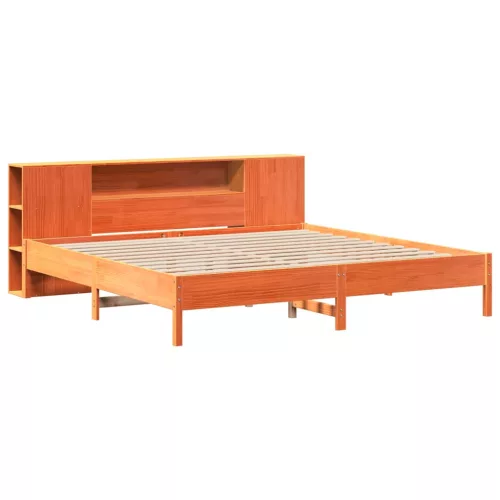 Barna tömör fenyőfa könyvespolcos ágy matrac nélkül 200 x 200cm