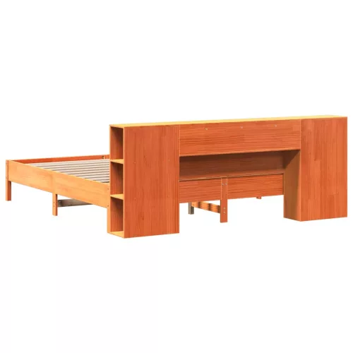Barna tömör fenyőfa könyvespolcos ágy matrac nélkül 200 x 200cm