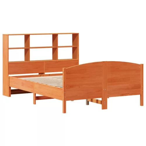 Barna tömör fenyőfa könyvespolcos ágy matrac nélkül 120 x 200cm