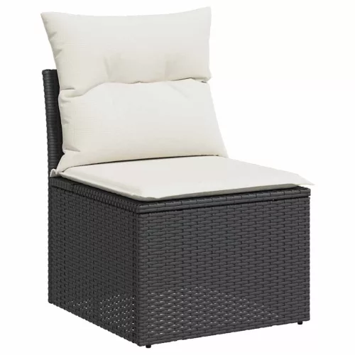 9 részes fekete polyrattan akácfa kerti ülőgarnitúra párnákkal