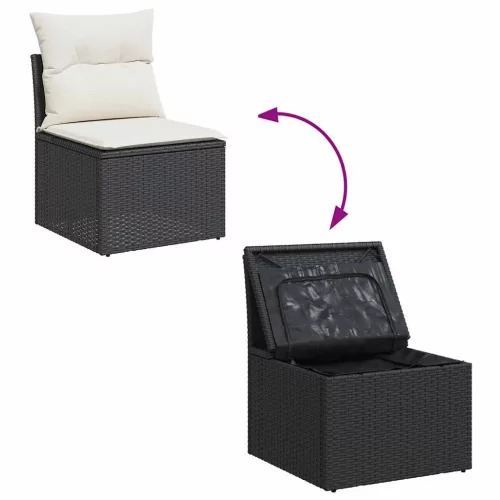 9 részes fekete polyrattan akácfa kerti ülőgarnitúra párnákkal