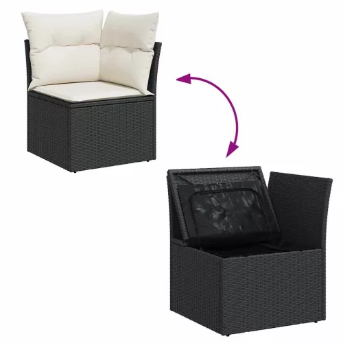 9 részes fekete polyrattan akácfa kerti ülőgarnitúra párnákkal