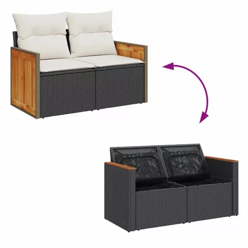 9 részes fekete polyrattan akácfa kerti ülőgarnitúra párnákkal