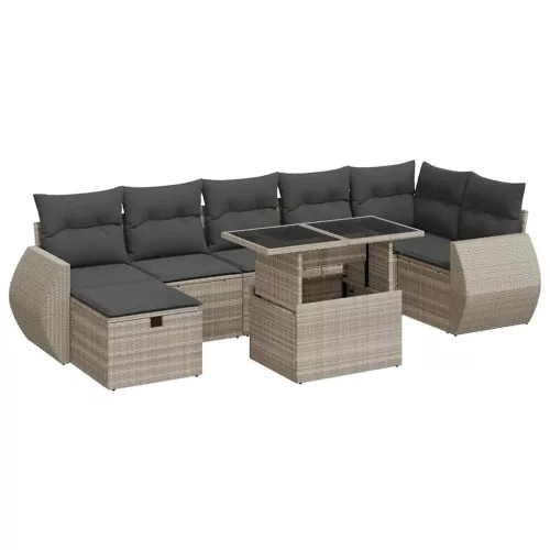 8 részes világosszürke polyrattan kerti ülőgarnitúra párnával
