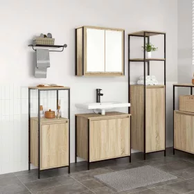   Fürdőszoba bútor szett polcokkal 3 pcs Sonoma tölgy és Fekete