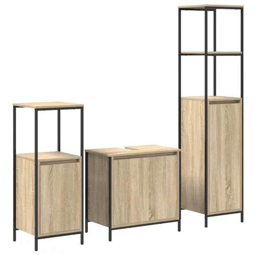 Fürdőszoba bútor szett polcokkal 3 pcs Sonoma tölgy és Fekete