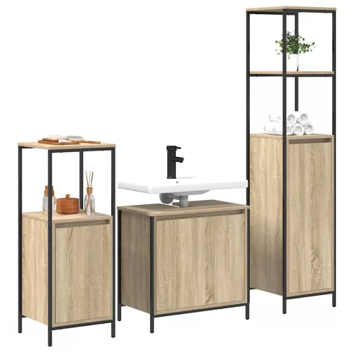 Fürdőszoba bútor szett polcokkal 3 pcs Sonoma tölgy és Fekete
