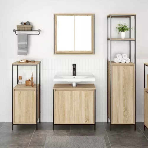 Fürdőszoba bútor szett polcokkal 3 pcs Sonoma tölgy és Fekete