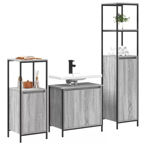 Fürdőszoba bútor szett polcokkal 3 pcs Szürke sonoma és Fekete