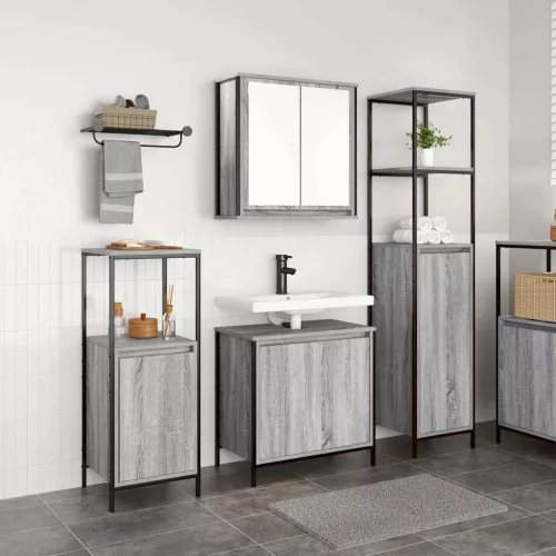 Fürdőszoba bútor szett polcokkal 3 pcs Szürke sonoma és Fekete