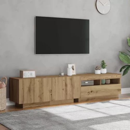 Kézműves tölgy szerelt fa TV-szekrény LED-ekkel 180x35x40 cm