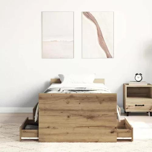 Ágykeret fejtámlával fiókkal kézműves tölgy 75 x 190 cm Faanyag