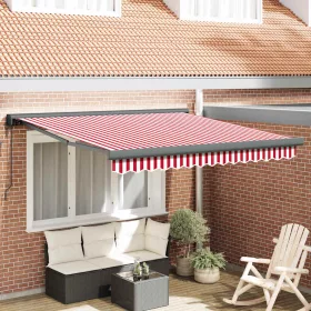   Behúzható napellenző Piros és fehér 300 x 250 cm Szövet, Fém