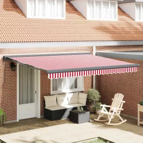   Behúzható napellenző Piros és fehér 400 × 300 cm Szövet, Fém