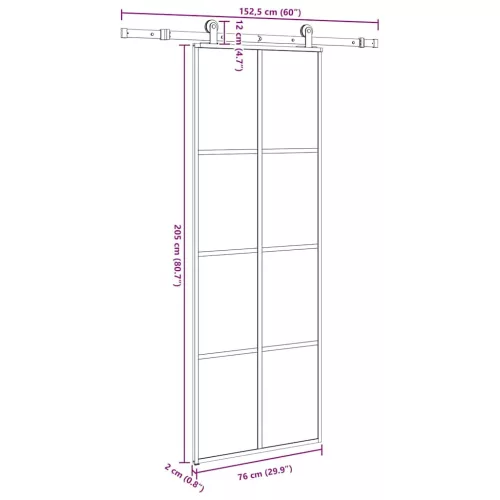 ESG üveg és alumínium tolóajtó fémszerelvény-szettel 76x205 cm