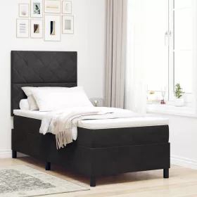   Boxrugós ágy matraccal fejtámlával Fekete 100 x 200 cm Bársony