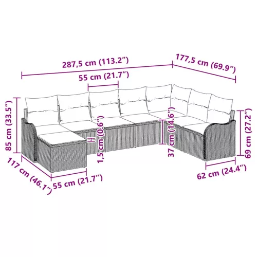 Kerti Kanapé Szett párnával 9 pcs Bézs Poli rattan