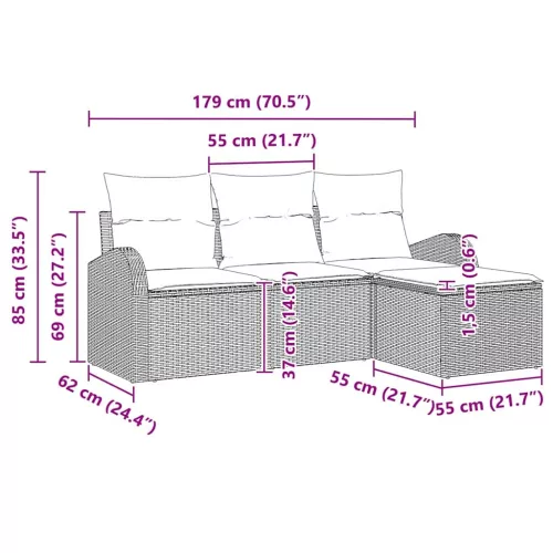 Kerti Kanapé Szett párnával 4 pcs Szürke Poli rattan