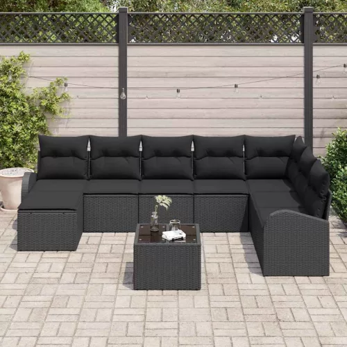 Kerti Kanapé Szett párnával 9 pcs Fekete Poli rattan