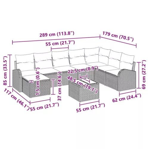 Kerti Kanapé Szett párnával 9 pcs Fekete Poli rattan