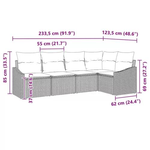 Kerti Kanapé Szett 5 pcs Fekete Poli rattan