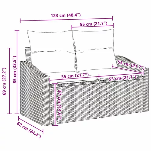 Kanapé Szett párnával 9 pcs Fekete polirattan
