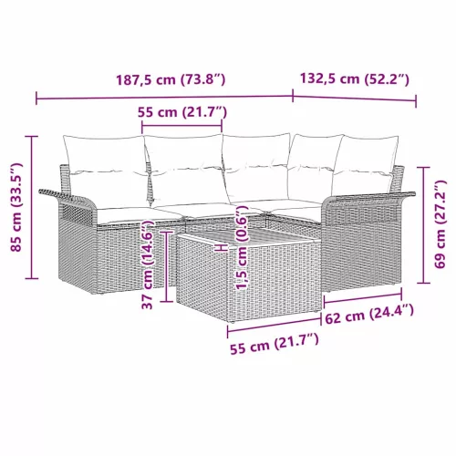 Kerti Kanapé Szett 5 pcs Fekete Poli rattan