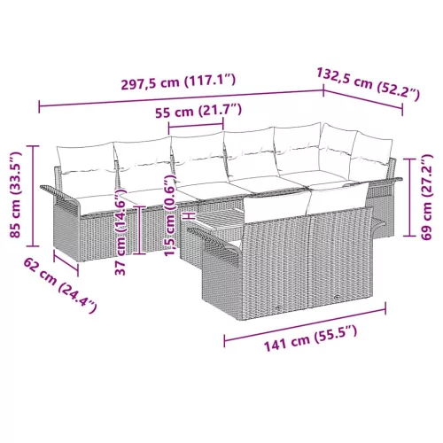 Kerti Kanapé Szett 9 pcs Fekete Poli rattan