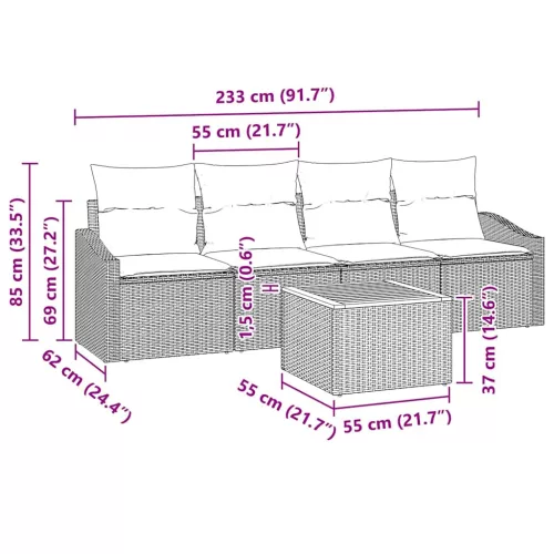 Kerti Kanapé Szett párnával 5 pcs Fekete Poli rattan