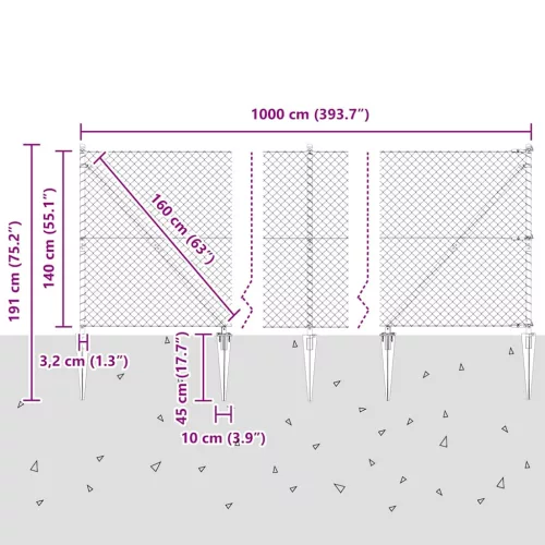 Lánckerítés oszlopokkal Ezüst 1.4 x 10 m Acél