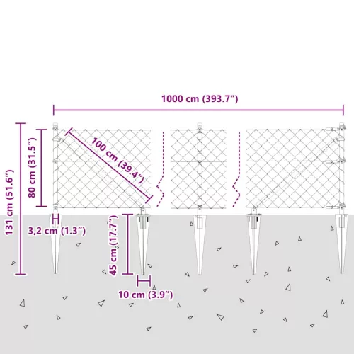 Lánckerítés oszlopokkal Ezüst 0.8 x 10 m Acél