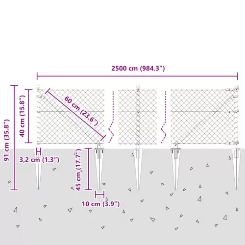 Lánckerítés oszlopokkal Ezüst 0,4 x 25 m Acél
