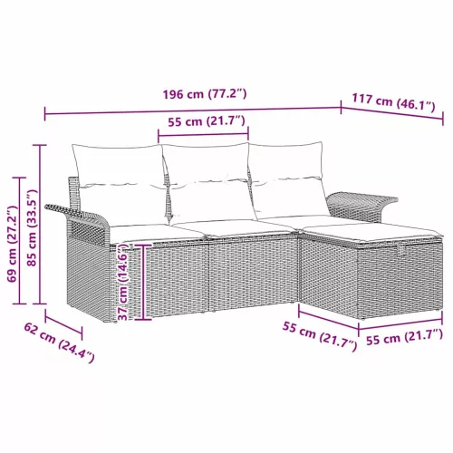 Kerti Kanapé Szett párnával 4 pcs bézs és krémszínű Poli rattan