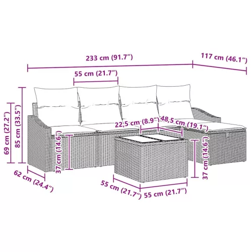 Kerti Kanapé Szett párnával 6 pcs Fekete Poli rattan