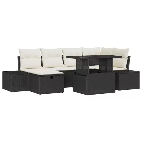 Kerti Kanapé Szett párnával tárolóval 7 pcs Fekete Poli rattan