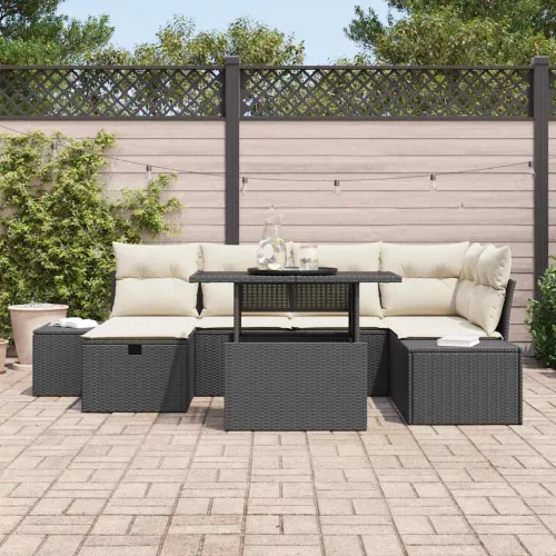 Kerti Kanapé Szett párnával tárolóval 7 pcs Fekete Poli rattan