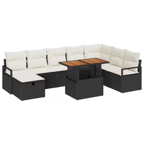 Kerti Kanapé Szett párnával tárolóval 9 pcs Fekete Poli rattan