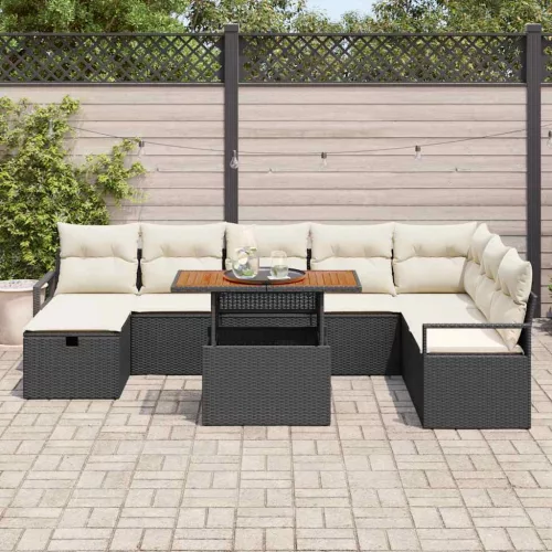 Kerti Kanapé Szett párnával tárolóval 9 pcs Fekete Poli rattan