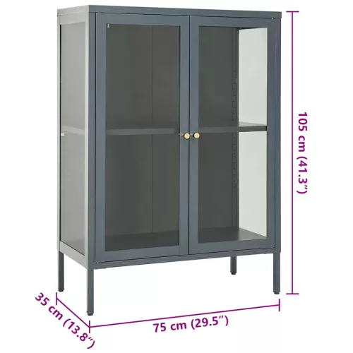 Antracitszürke acél és üveg tálalószekrény 75 x 35 x 105 cm