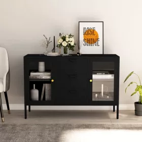   Fekete acél és edzett üveg tálalószekrény 105 x 35 x 70 cm