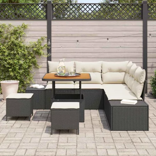 Kerti Kanapé Szett párnával 8 pcs Fekete Poli rattan