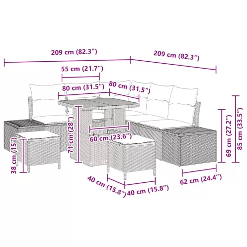 Kerti Kanapé Szett párnával 8 pcs Fekete Poli rattan