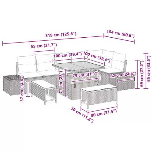 Kerti Kanapé Szett párnával 9 pcs Fekete Poli rattan