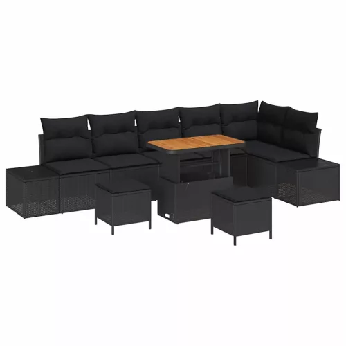 Kerti Kanapé Szett párnával 9 pcs Fekete Poli rattan