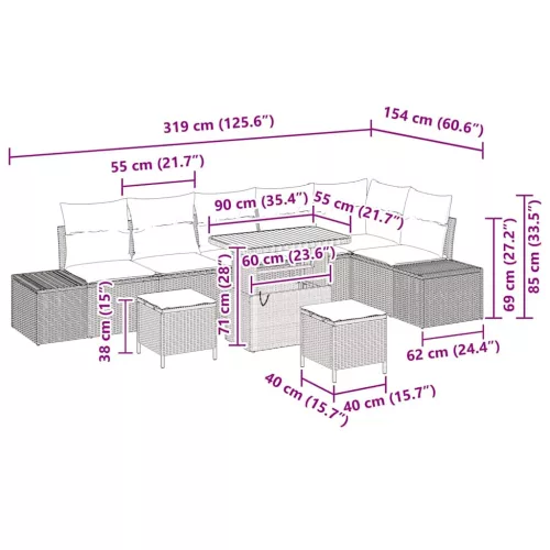 Kerti Kanapé Szett párnával 9 pcs Fekete Poli rattan
