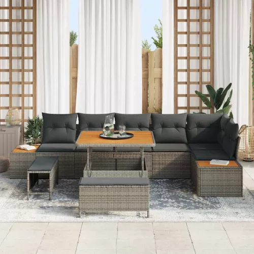 Kerti Kanapé Szett párnával 9 pcs Szürke Poli rattan