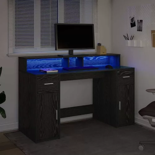 Asztal LED -es lámpákkal Musta tammi 140 x 55 x 91 cm Faanyag
