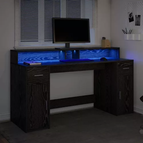 Asztal LED -es lámpákkal Musta tammi 160 x 55 x 91 cm Faanyag