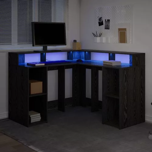 Asztal LED -es lámpákkal Musta tammi 130 x 130 x 91 cm Faanyag